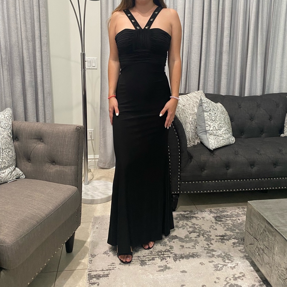 Max and Cleo black evening gown with stones and cutouts